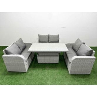 Fimous 6 Seater pe Wicker Rattan Furniture Sofa Sets with Adjustable Lifting Dining or Coffee Table 2 Seater Love Sofa Light Grey - Fimous