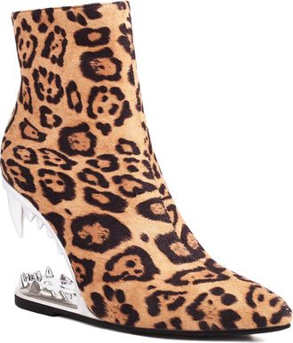 Generic Womens Pointed Toe Short Boots PU Leather Ankle Boots with Side Zipper Wedge Heel Party Prom Shoes,Leopard,3.5 UK