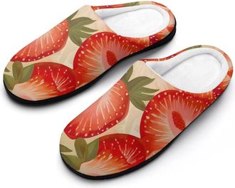 Generic Watercolor Strawberry Cotton Slippers for Women Memory Foam Comfy House Shoes with Anti-Skid Rubber Sole