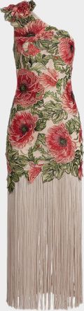 Mac Duggal Floral-Embroidered One-Shoulder Gown with Fringe Skirt
