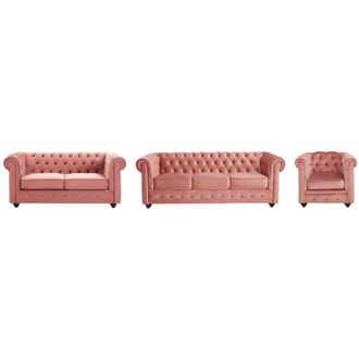 Vente-Unique Vente-unique - Divano 3 posti e 2 posti e Poltrona in Velluto Rosa pastello - chesterfield