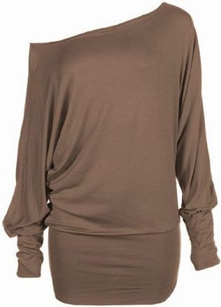 Crazy Girls Womens Long Sleeve One Off-Shoulder Plain Baggy Batwing Top UK8-24, Mocha, 2XL (UK 20-22)