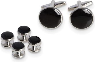 Diamond2Deal Rhodium-plated Black Enameled Cuff Link and Tuxedo Studs Set