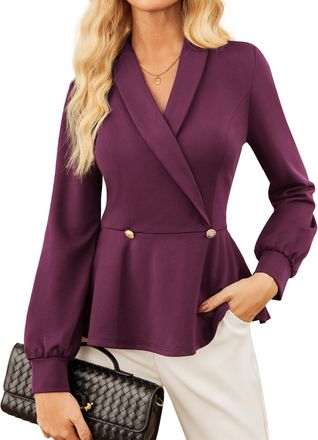 Grace Karin Business Long Sleeve Tops Women Autumn, Surplice V-Neck Tunic Tank Tops for Women UK, Elegant Ruffled Shirt Blouse S Wine red