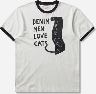 KAPITAL Men s 20/-Jersey Ringer T-Shirt (Denim Men Love Cats Scratch) White