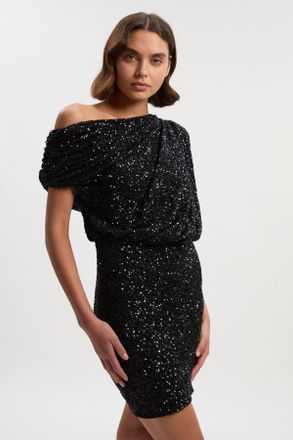 Karen Millen Womens Draped One Shoulder Jersey Stretch Sequin Mini Dress - Black - Size Large