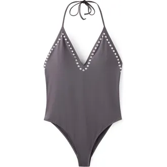 Mango Studded Halter One-Piece Swimsuit in Grey at Nordstrom, Size Medium