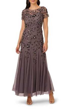 Adrianna Papell Floral Embroidered Beaded Trumpet Gown in Moonscape at Nordstrom, Size 12