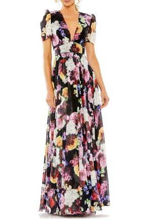 Mac Duggal Floral print mesh cap sleeve gown in Black Multi at Nordstrom, Size 6