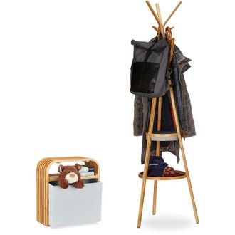 Relaxdays 2-piece coat stand set, coat stand with shelf, storage stool, made of bamboo, coat rack, seat, natural/grey