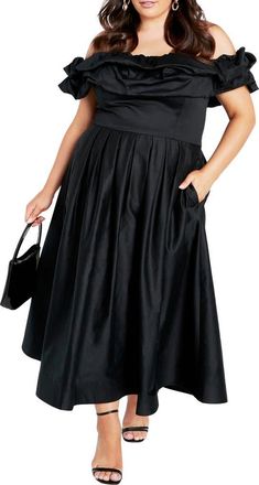 City Chic London Off the Shoulder Satin Midi Dress in Black at Nordstrom, Size Xs