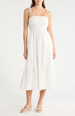 Elan Ruffle Shirred Tie Strap Tiered Cotton Seersucker Cover-Up Sundress in White at Nordstrom, Size X-Large
