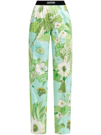 Tom Ford Pantaloni a fiori con banda logo - Verde