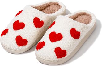 Feoya Valentines Day Slippers Womens Soft Plush Slippers Fuzzy Cushion Slippers with Big Heart Cute Letters Warm House Slippers Red Heart 4-5
