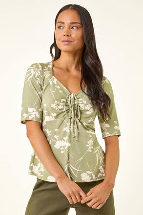 Roman Floral Print Drawstring Top