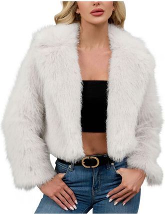 Generic Faux Fur Coat Womens Winter Coats Warm Cropped Jacket Long Sleeve Crew Neck Open Front Outwear Plush Warm Cardigan Plus Size Super Soft Fluffy Overcoa