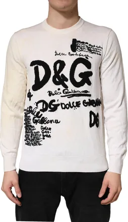 Dolce & Gabbana Mens White Virgin Wool Graphic Logo Crewneck Sweater Black And Clothing