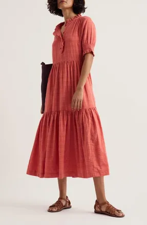 Seasalt Cornwall Feather Star Puff Sleeve Tiered Organic Cotton Blend Dress in Dusky Coral at Nordstrom, Size 16 Us