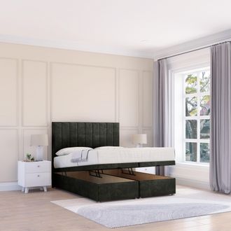 Sloomy Kansas Dumfries Fabric Ottoman Bed End Opening With Sprung Memory Mattress & 26 Inch strut Headboard in Black | Size: Single