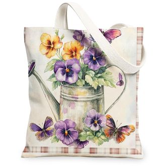 Generic Spring Pansy Flower Canvas Tote Bag for Shopping 13x15, Farmhouse Country Floral Reusable Grocery Print Bag for Women Men, Fun Farm Aesthetic Painting