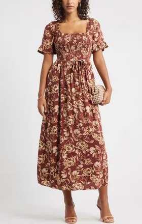Chelsea28 Smocked Ruffle Bodice Maxi Dress in Brown Frannie Floral at Nordstrom Rack, Size Xx-Small