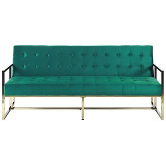 Beliani Sof&aacute; Cama Tapicer&iacute;a Capiton&eacute; De Terciopelo Verde 3 Plazas Marco De Metal Dorado Con Apoyabrazos Estilo Retro Marstal
