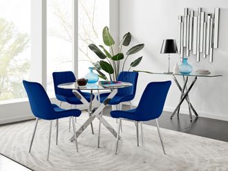 Furniturebox Novara Clear Tempered Glass 100cm Round Dining Table with Chrome Starburst Legs & 4 Pesaro Velvet Silver Leg Chairs in White
