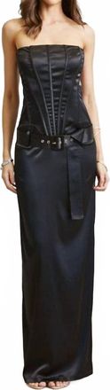 Blithe Hannah Satin Corset Belted Maxi Dress In Black