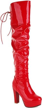 Generic Womens Pleated Over The Knee Boots Lace Up Chunky Heel Platform Round Toe Thigh High Fashion Winter Party Nightclub Shoes (7.5,Red)