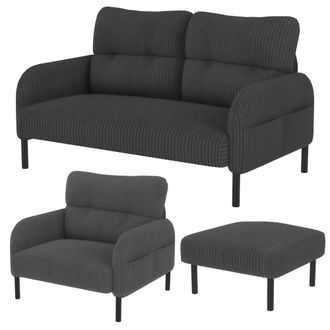 STILVORA Conjunto De Sof&aacute;s De 4 Plazas En Terciopelo Acanalado Con Sof&aacute; Recto, Sill&oacute;n, Taburete, Bolsillo Lateral, Gris