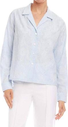Karen Kane Long Sleeve Embellished Button-Up Shirt In Off White And Blue