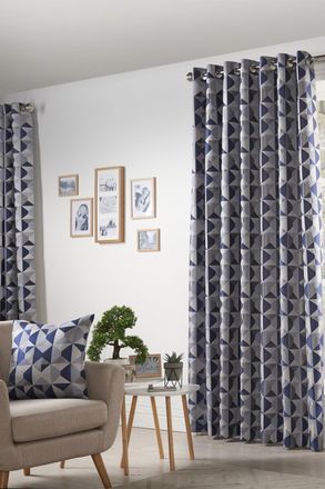Alan Symonds Skandi Geometric Jacquard Fully Lined Eyelet Curtains in Navy | Size: 229 cm width x 274 cm drop