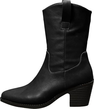 Generic Boots For Women Western Cowboy Boots Mid-Calf Block Heel Pointed Toe Pull-On Non-Slip Booties Ladies Shoes Fashion Chic Casual Autumn Winter Size 4.5