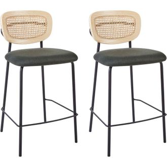 Beliani Beliani - Set of 2 Modern Bar Chairs Viennese Braid Rattan Backrest Stools Polyester Seat Armless Black Legs Dark Green Mayetta