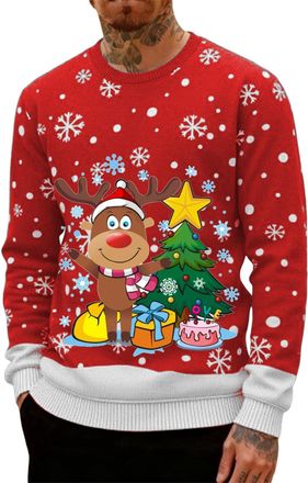Generic Christmas Jumpers for Men UK Funny Ugly Reindeer Print 3D Graphic Tops Oversized Novelty Xmas Sweatshirt Crew Neck Long Sleeve Pullover Sweater Mens H