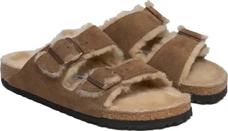 Birkenstock Womens Slippers Arizona Shearling Dark Tea Suede Leather Flat Shoes