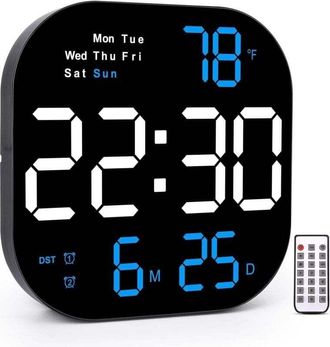 OEM Horloge Murale Numerique - Ecran Led 26,8 Cm - Luminosite Automatique 10 Niveaux - Telecommande Incluse - Support Mural Et Pied - 1 Unite