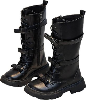 Generic Girls Lace-Up Mid Calf Combat Boots with Side-On Zipper Round Toe Water Proof Comfortable Warm Shoes Chunky Heel Non-Slip Casual Punk Goth Riding Walk