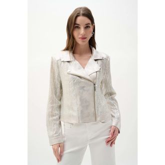 Joseph Ribkoff Faux Suede Foiled Knit Moto Jacket in Champagne/silver at Nordstrom, Size X-Small
