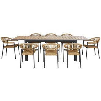 Maisons du monde Set de mesa extensible de exterior de aluminio efecto madera y 8 sillas gris antracita y beige