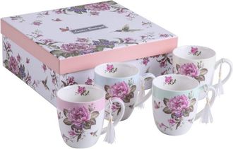 None Set di 4 tazze da t&egrave; e caff&egrave; in porcellana - Design Shabby Chic con uccelli, rose e farfalle in confezione regalo - 330 ml
