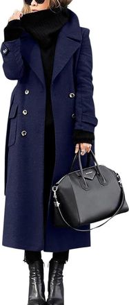 Generic Womens Elegant Classic Fall and Winter Lapel Double-breasted Wool Blend Coat Fashion Business Casual Office Long Coat with Belt (Navy Blue,S)