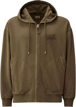 C.P. Company Hooded Open in Diagonal Fleece - Heren - Vesten met rits - Grijs - S - Katoen - Hoodies & sweatvesten