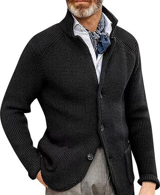 Generic Sweater Blazer Men MenS Jackets Smart Casual Blazer Grandad Collar Slim Fit Suit Jackets Button Down Cardigan Sweaters Stand-Up Collar Wool Coat Long 