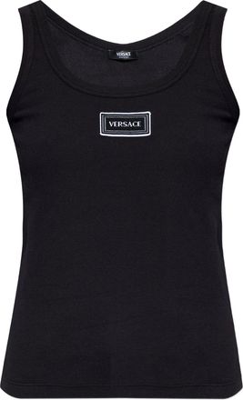 Versace Black Fitted Text Patch Cotton Top
