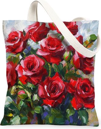 Generic Valentines Day Rose Floral Canvas Tote Bag for Shopping 13x15, Oil Painting Romantic Flower Reusable Grocery Print Pattern Bag for Women, Holiday Beac
