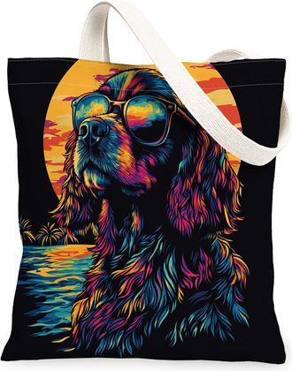 Generic Summer Springer Spaniel Dog Canvas Tote Bag for Shopping 13x15, Cool Beach Coastal Puppy Reusable Grocery Print Pattern Bag for Women, Retro Pet Beach