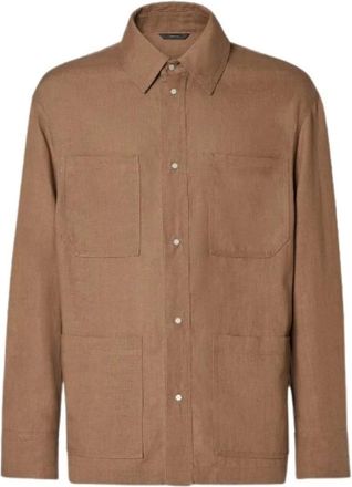 Fendi Jassen, Heren, Bruin, M, Linnen, Blouson Effen Linnen Gianduia