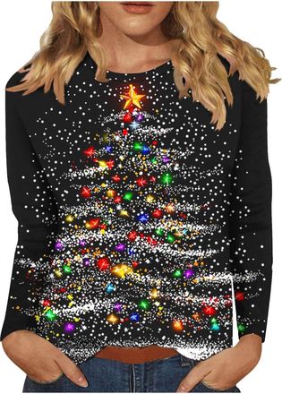 Generic Christmas Jumpers for Women Crew Neck Xmas Tree Long Sleeve Tops Ugly Jumper Christmas Santa Novelty Print Claus Tops Graphic Blouse Loose Warm Vintag