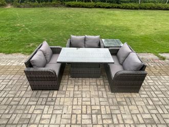 Fimous Outdoor Rattan Furniture Garden Dining Set Height Adjustable Rising lifting Table With 3 PC Love Sofa Side Table in Dark Grey
